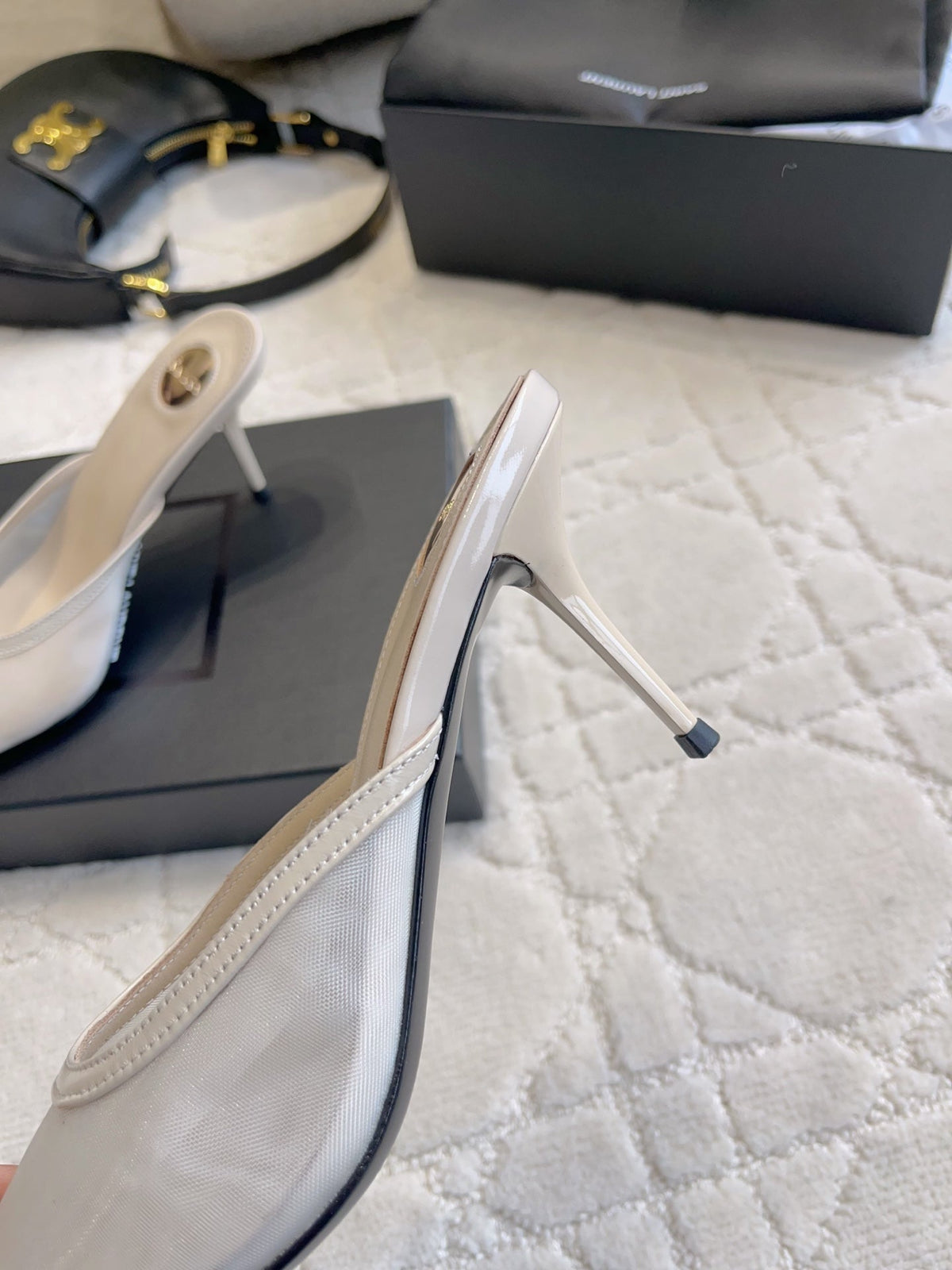 YSL Pointed-Toe Mesh Mule 75mm Ivory Cowhide & Mesh 851895
