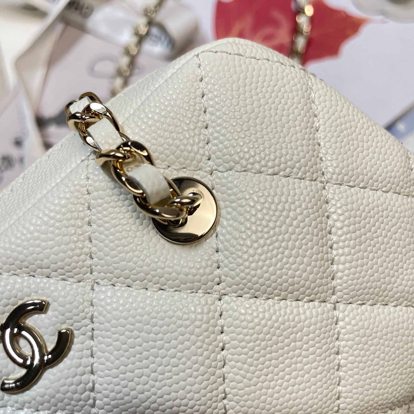 CC 26P Bowling Bag Chain Strap 19.5cn White Caviar Cowhide GHW
