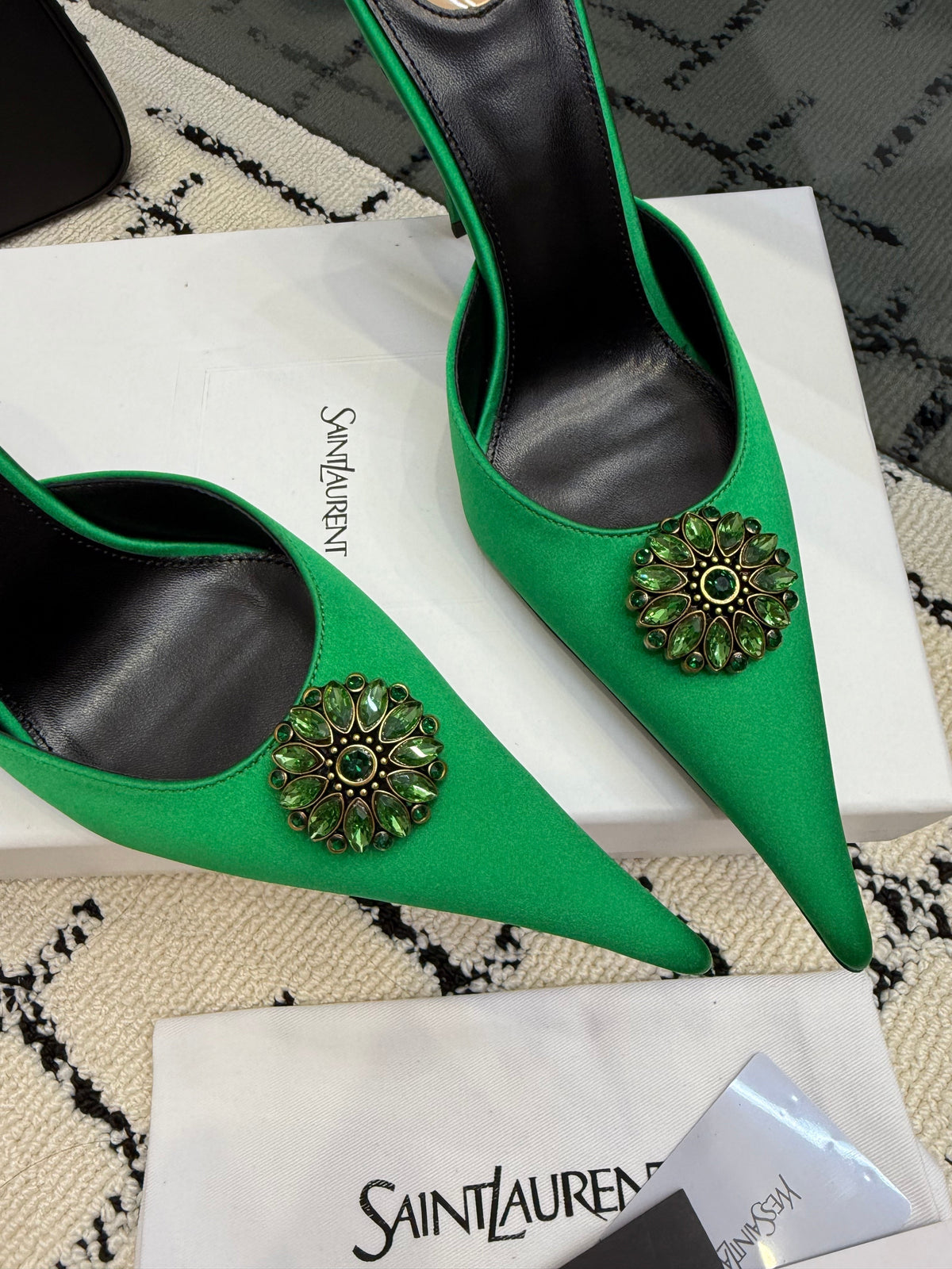 YSL Cosmo Crystal Mules 100mm Green Calfskin Leather 894617