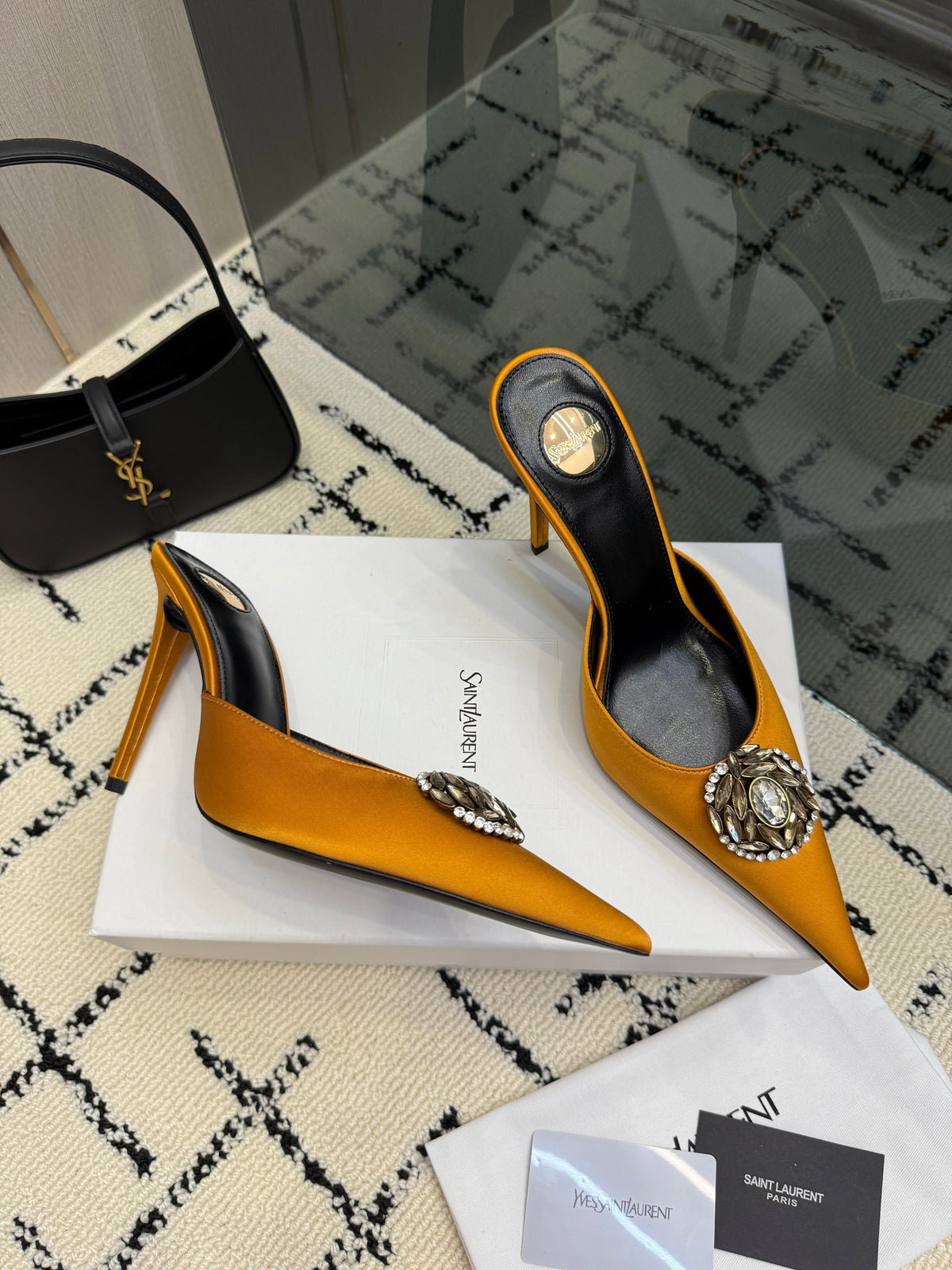 YSL Cosmo Crystal Mules 100mm Tan Calfskin Leather 894614