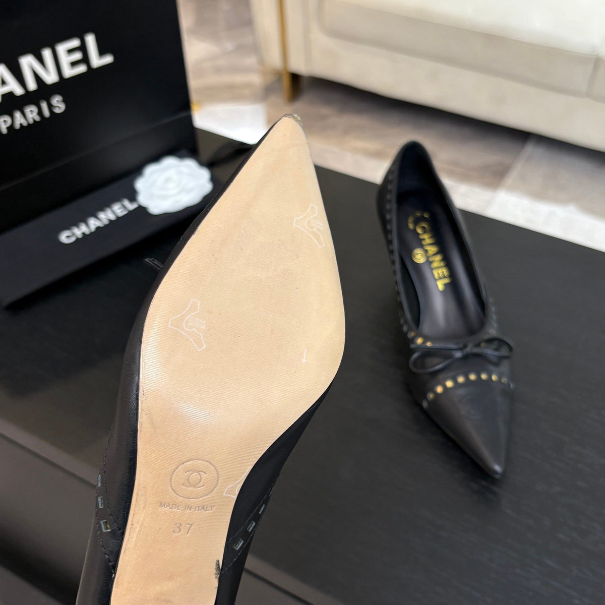 CC Bow Pointed Toe Pumps 6.5cm Black Leather 912934