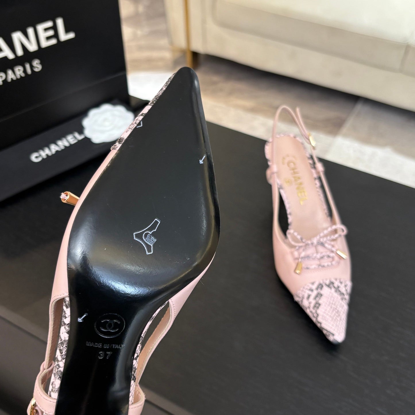 CC Snake Print Cap Toe Bow Slingback Pumps 6.5cm Pink Leather 912930