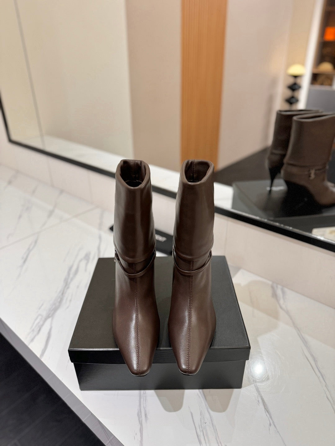 YSL Niki Ankle Boot 90mm Eagle Brown Leather