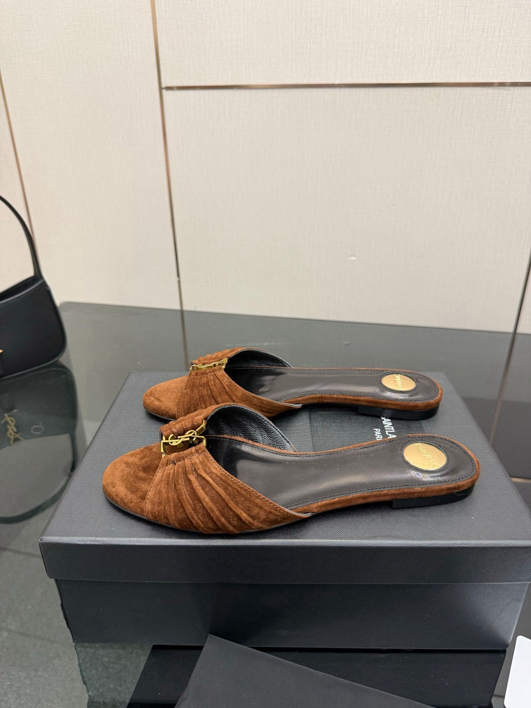 YSL Babylone Slides Coffee Brown Suede
