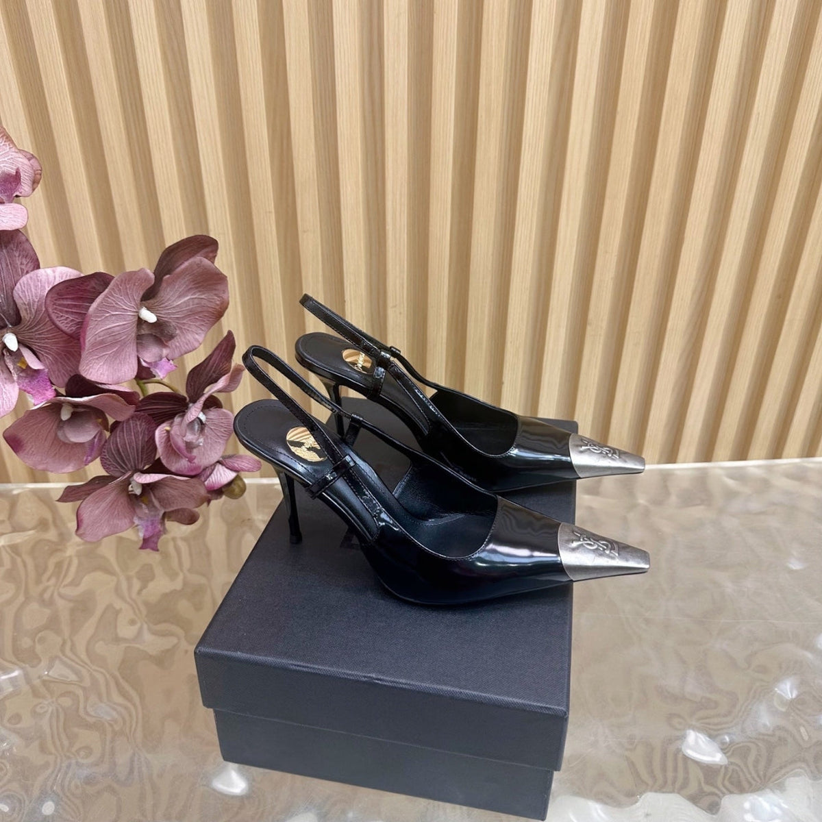 SL JEANNE SLINGBACK PUMPS BLACK SLIVER CALFSKIN