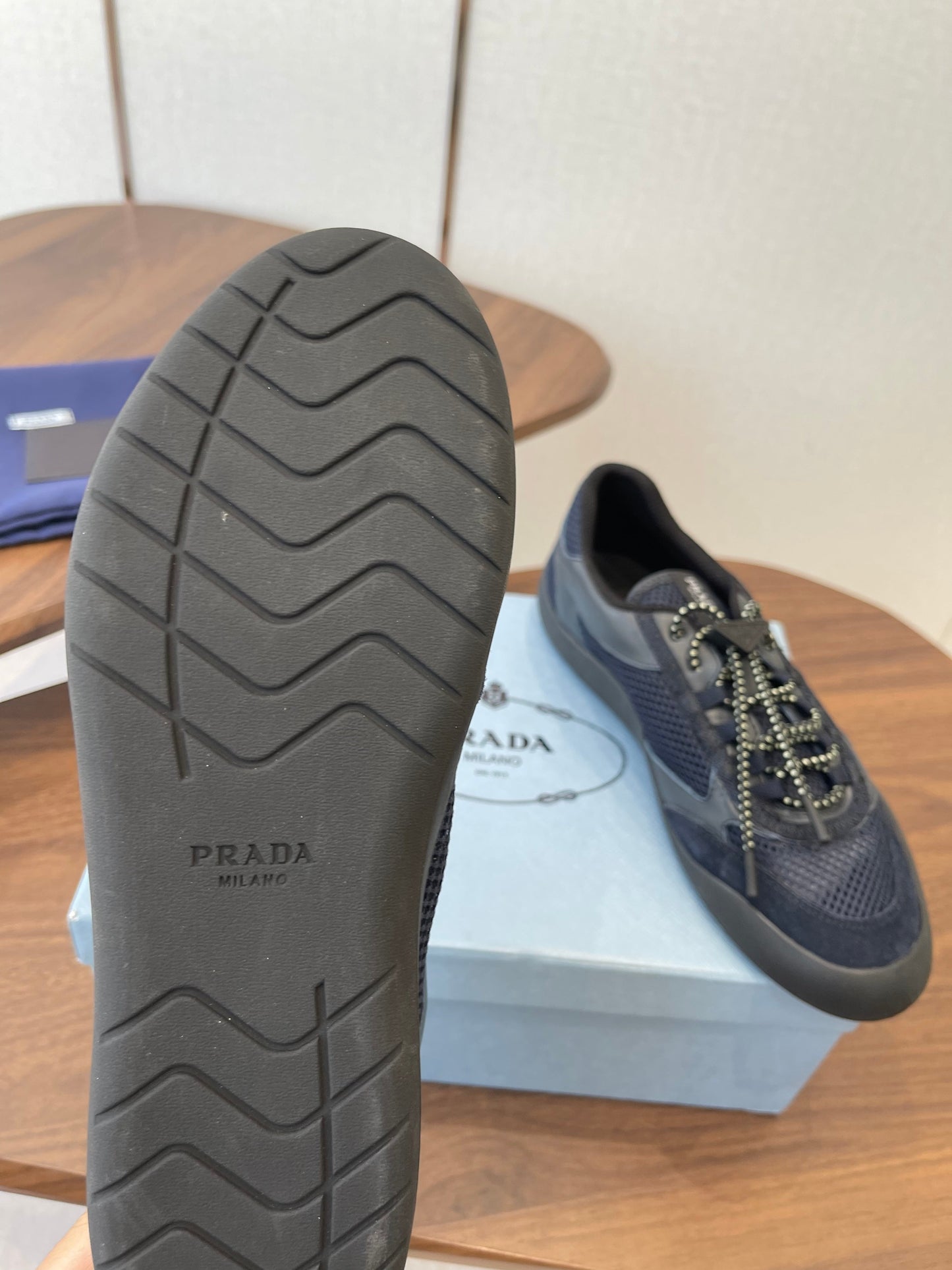 Prada Speedrock Sneakers Dark Blue Mesh Fabric 727601