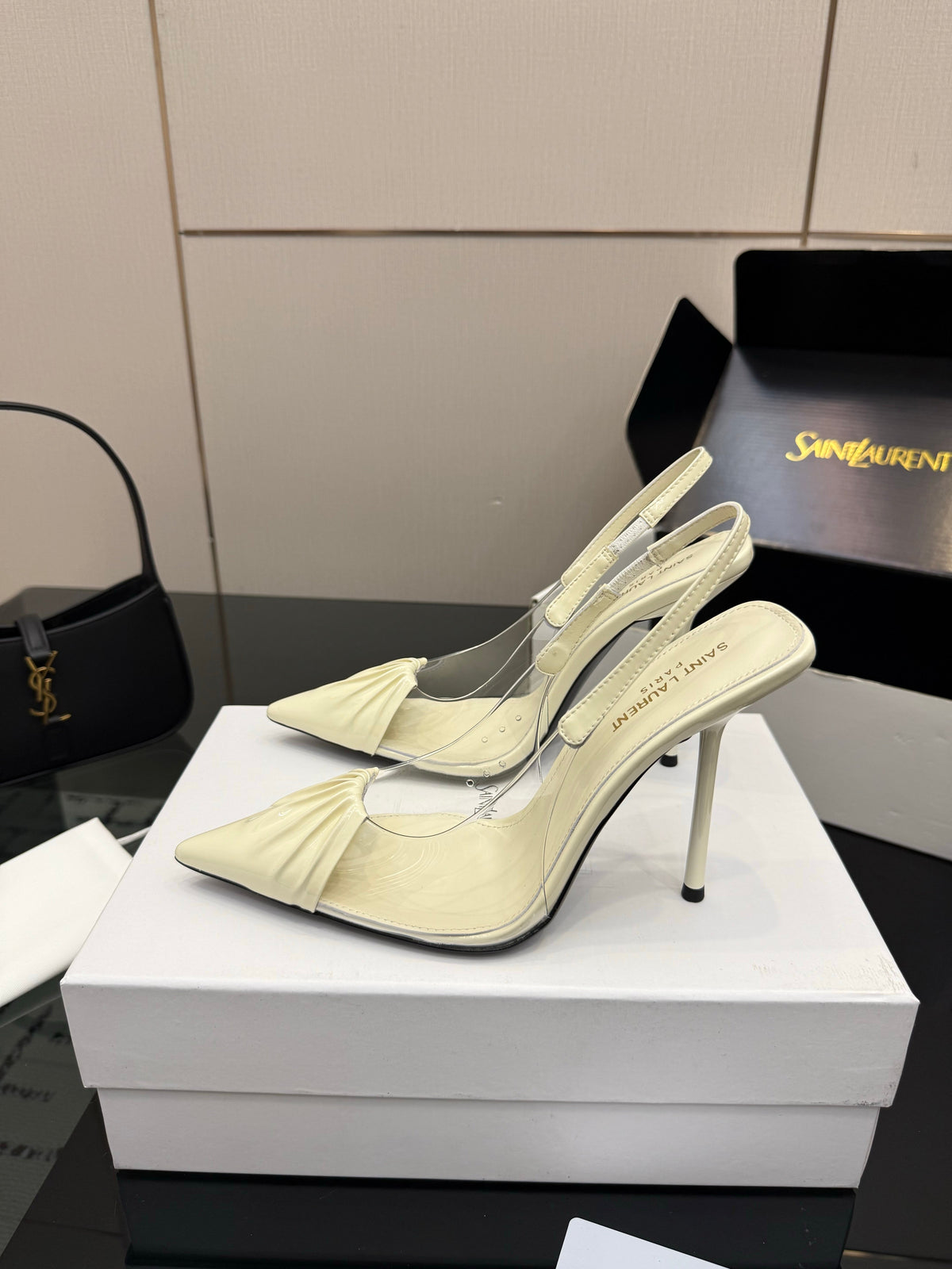 YSL Chica Slingback 10.5cm Cream Leather 828244