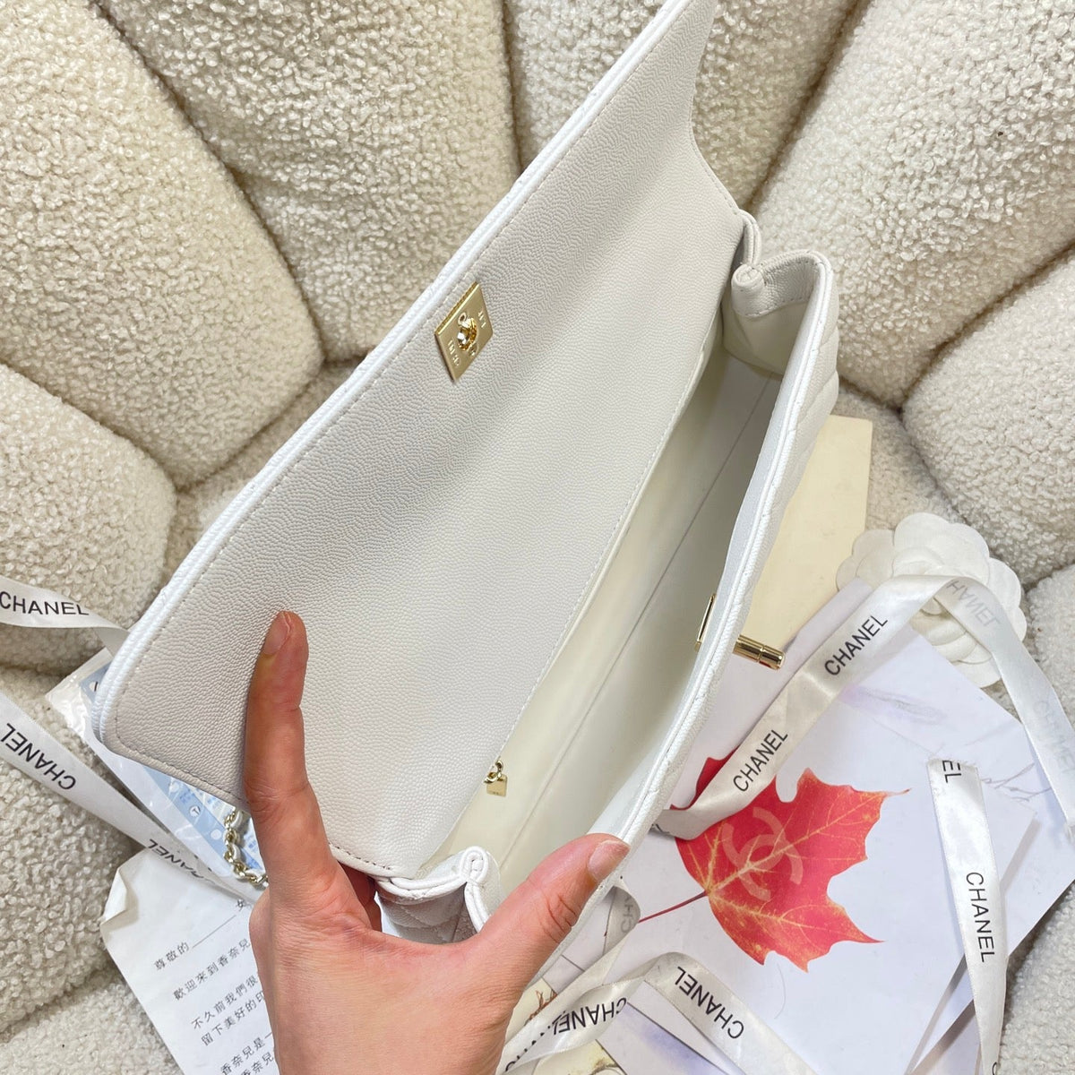 CC Maxi Flap Bag with Top Handle 31.5cm White Quited Caviar Leather
