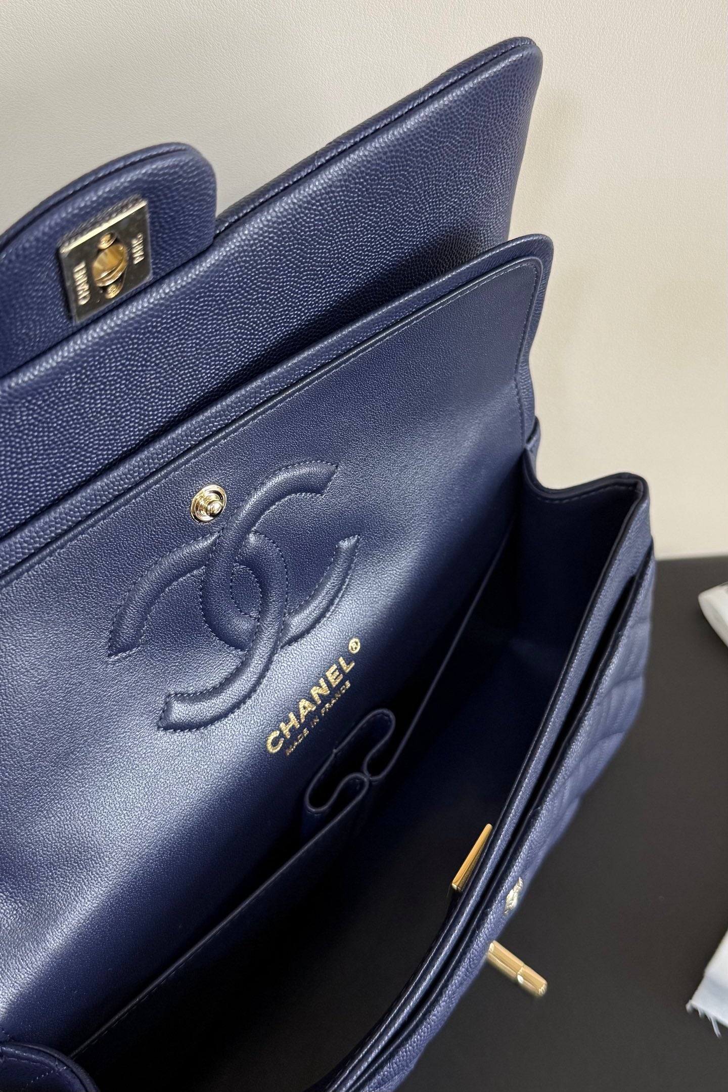 CC Classic Double Flap Bag 25cm Navy Blue Caviar Leather