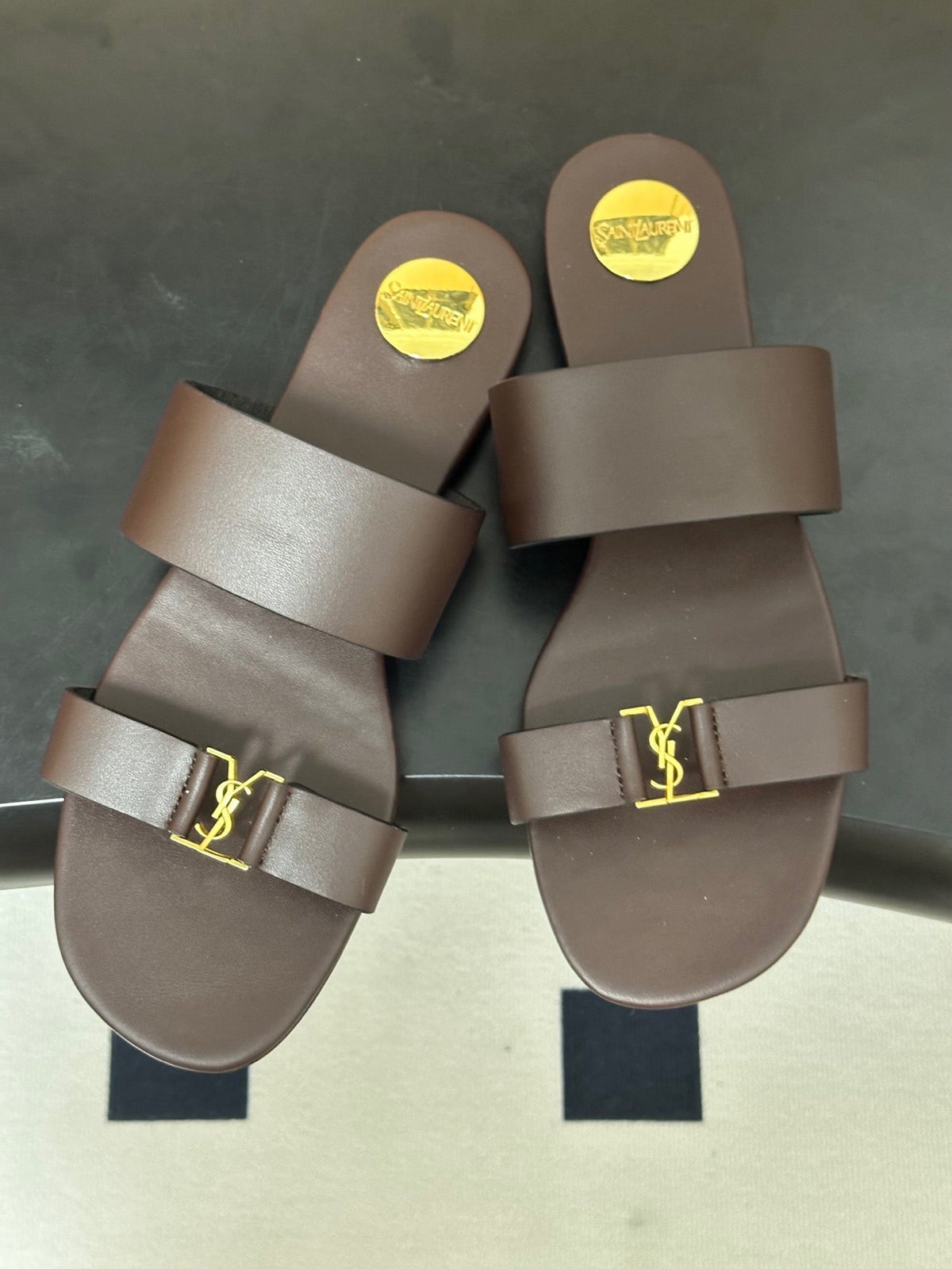 YSL Babylone Slides Brown Smooth Leather 787572