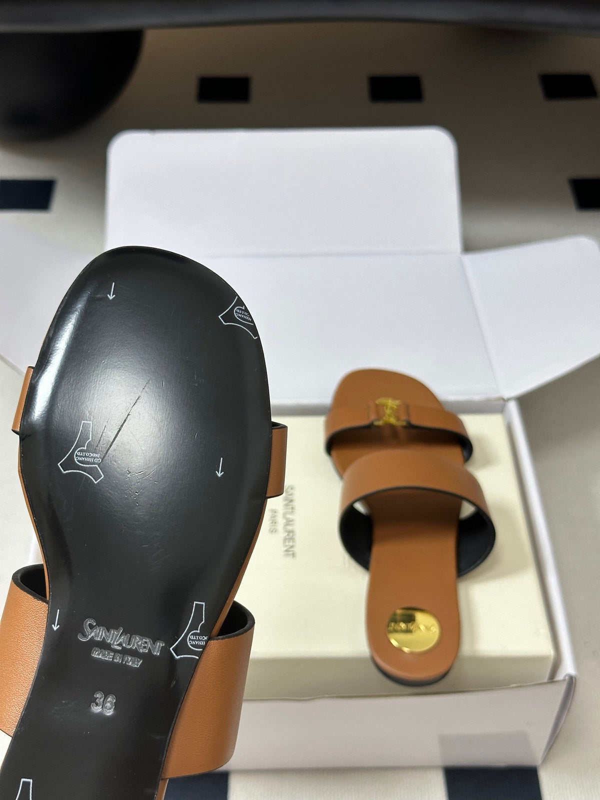 YSL Babylone Slides Tan Smooth Leather 787574
