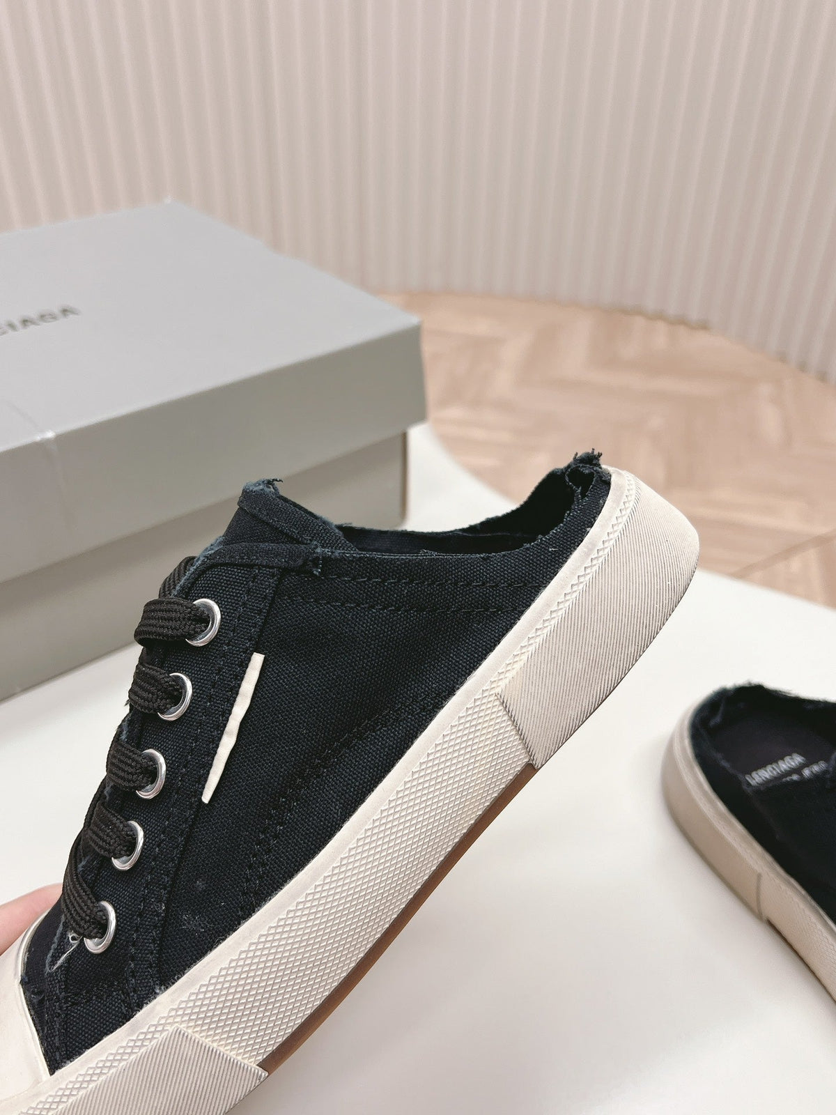 PARIS MULES IN BLACK DESTROYED DENIM AND RUBBER