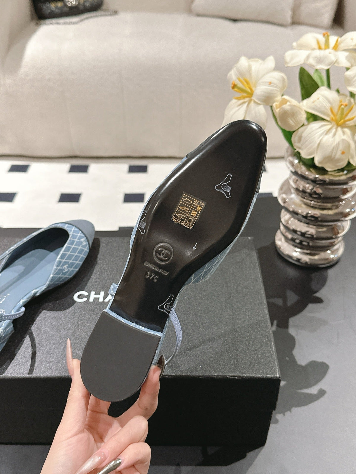 cc 25c slingback flat 15mm cross line pattern light blue denim 237485