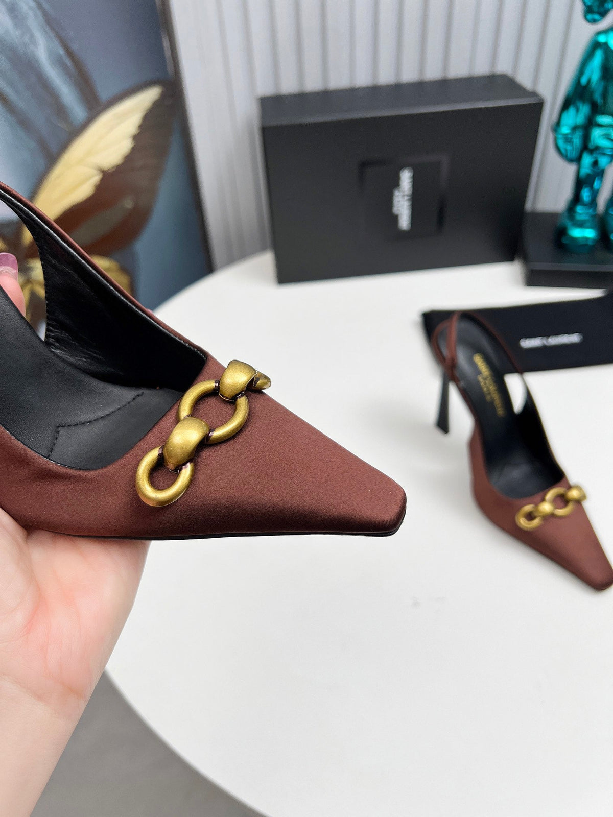 YSL Hermione Slingback 11cm Brown Silk 680403