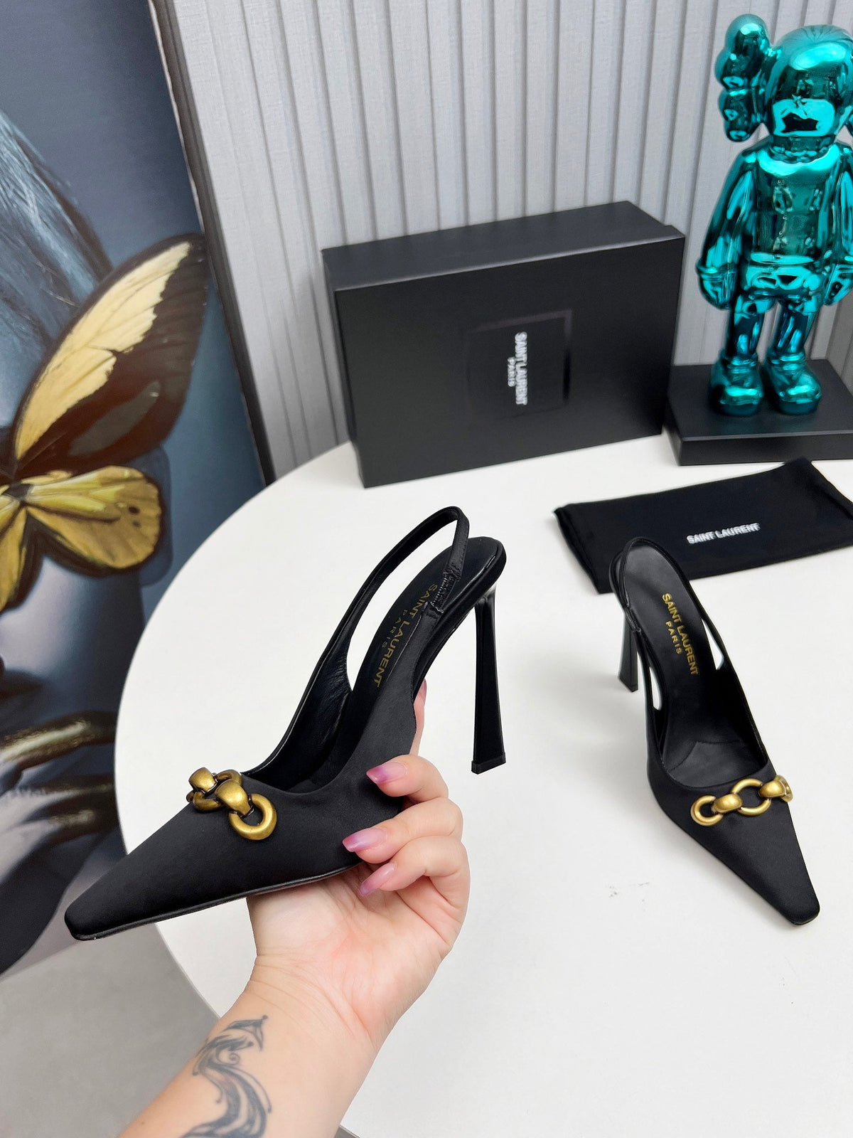 YSL Hermione Slingback 11cm Black Silk 680404