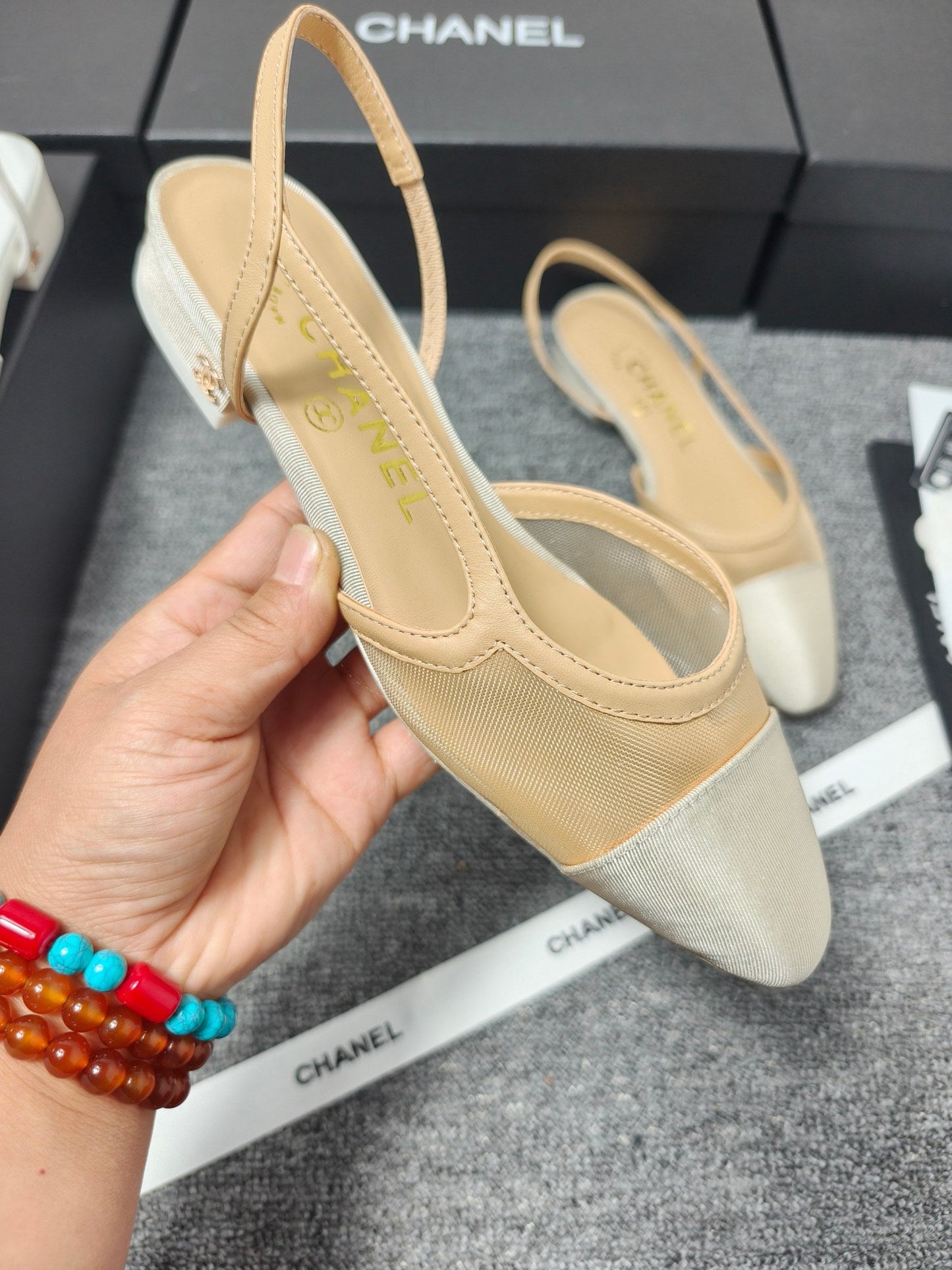 CC 26s Slingback Beige Mesh Fabric Sheepskin 682001