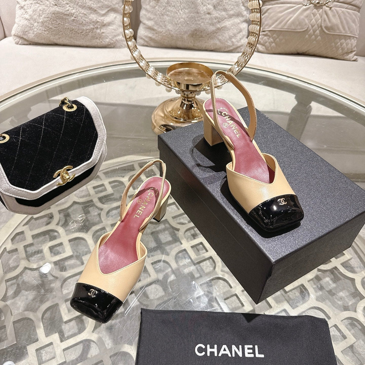 CC 26s Square-Toe High-Heeled Slingbacks 6cm Black Beige Leather 736102