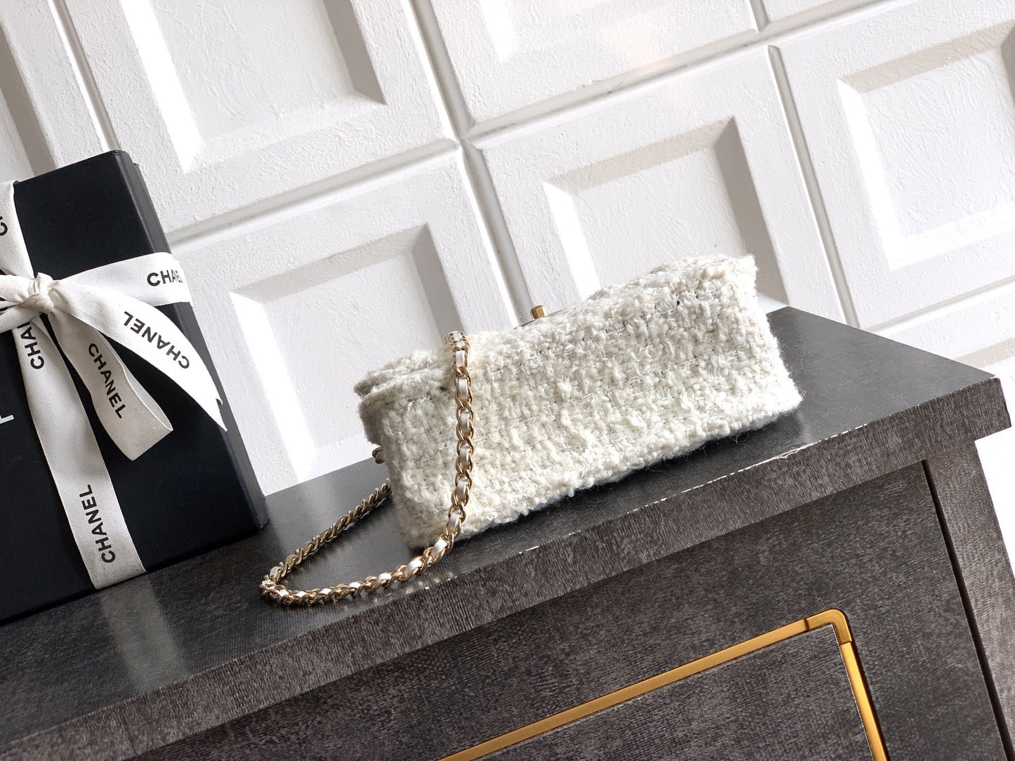 CC Mini Flap Bag 17.5 With Handle White Tweed