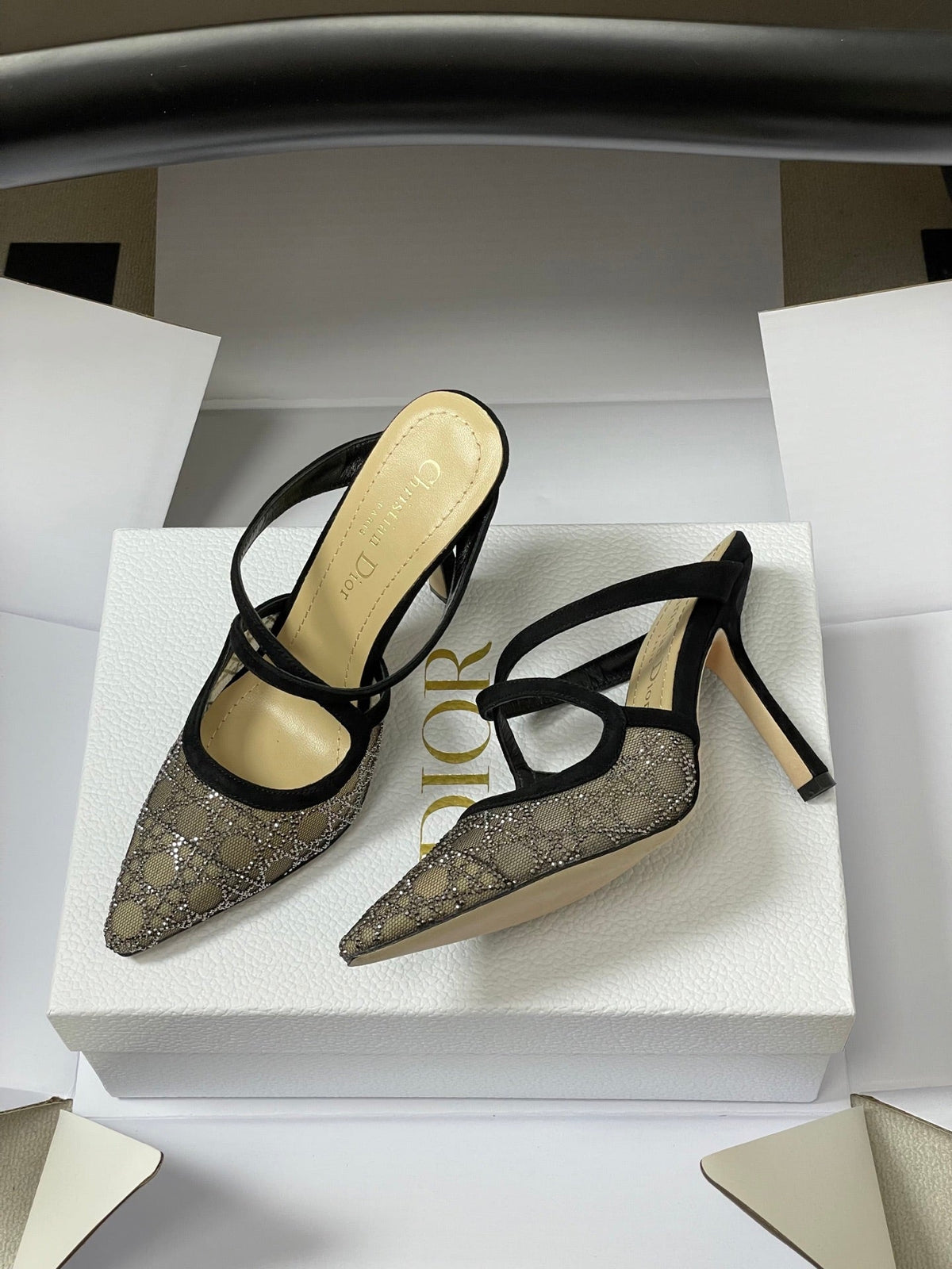 CD 26 High-Heeled Mules Black Beige Mesh Sheepskin 593588