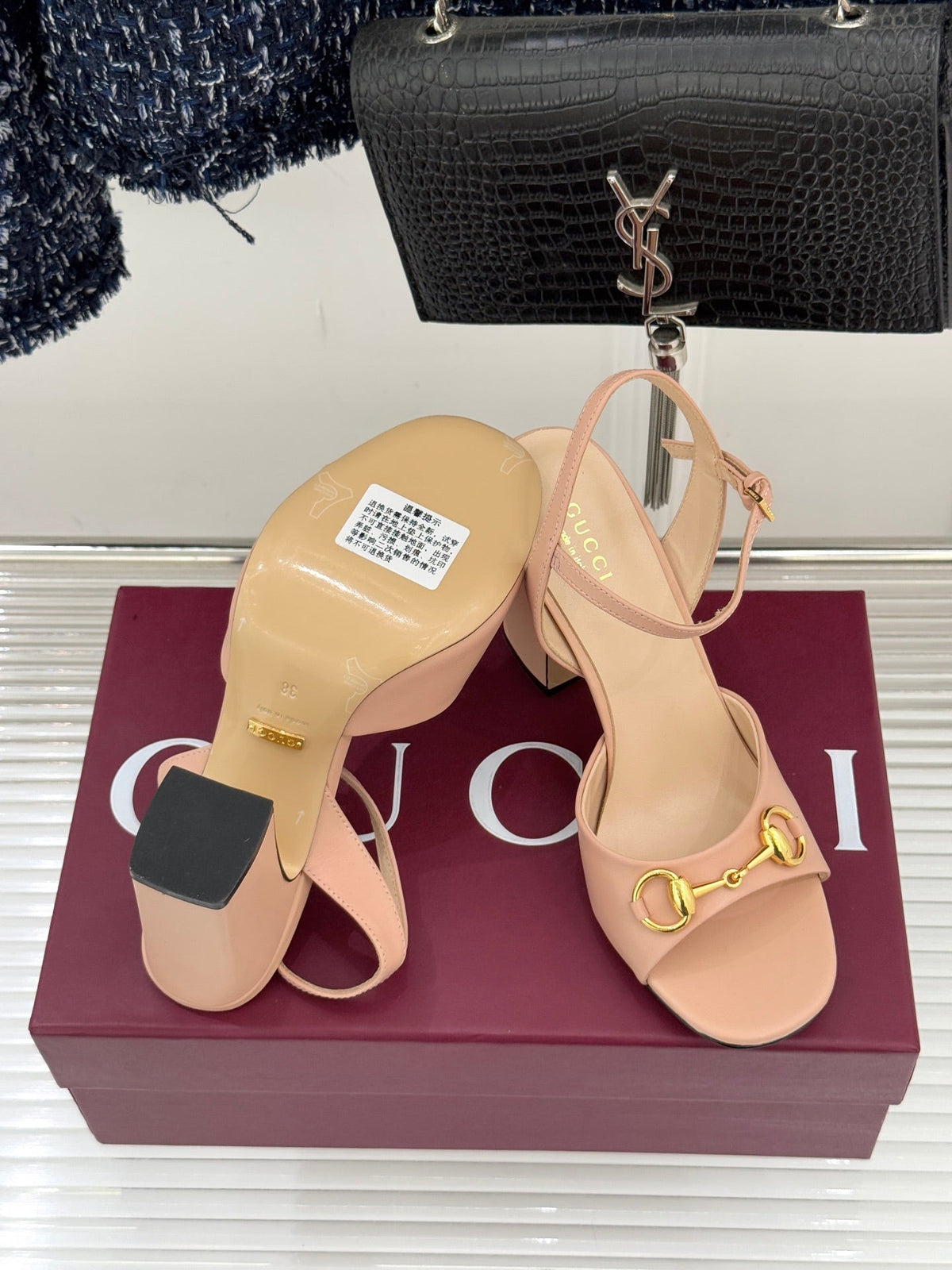 GG 26WF Chunky Heel Sandals 5cm Nude Sheepskin 632555