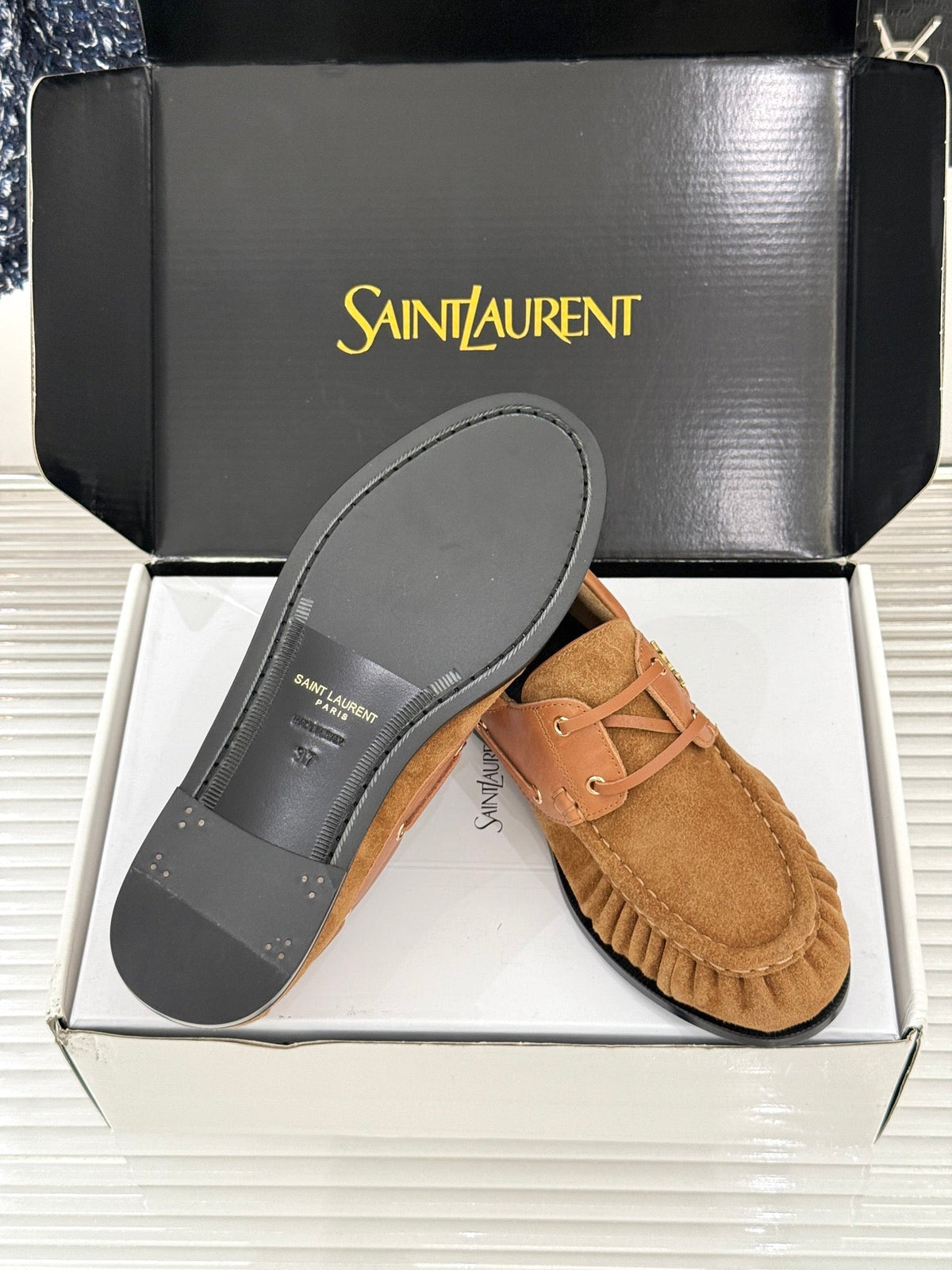 YSL 26s Le Bateau Loafer Tan Brown Calfskin Suede 992281