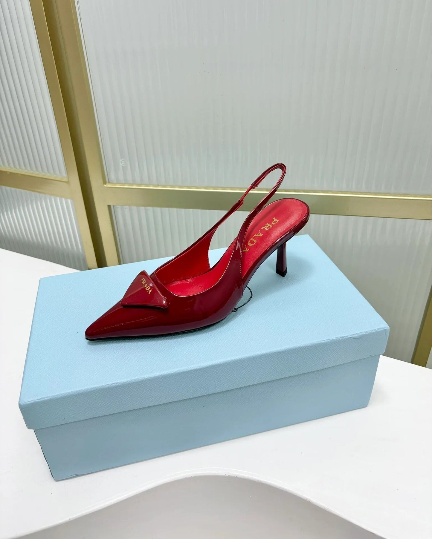 Prada 2026 High-Heeled Open-Back Sandal Red Cowhide Patent Leather 756123