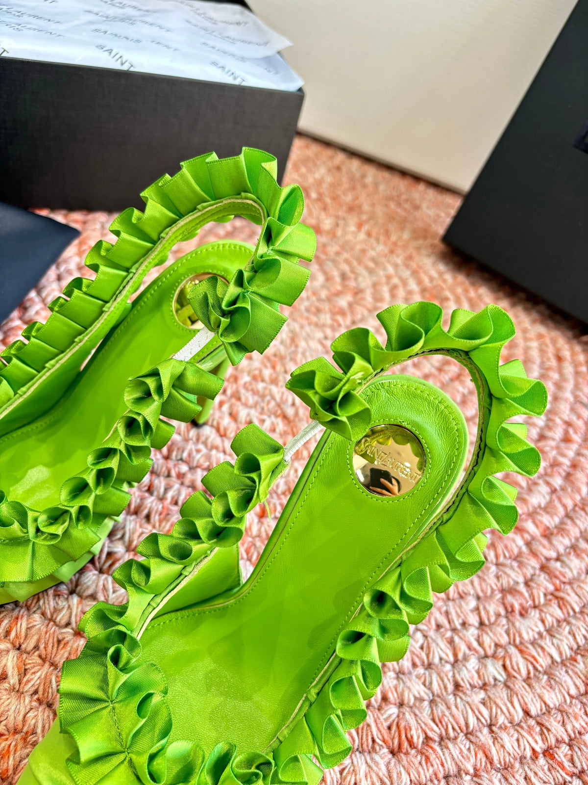 YSL 26ss Slingback Green Silk Leather 648838