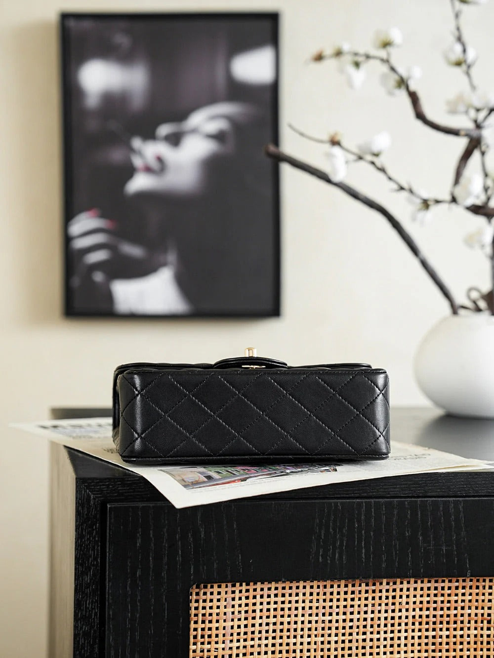 CC 2026 Red Flower Flap Bag 25.5cm Black Lambskin