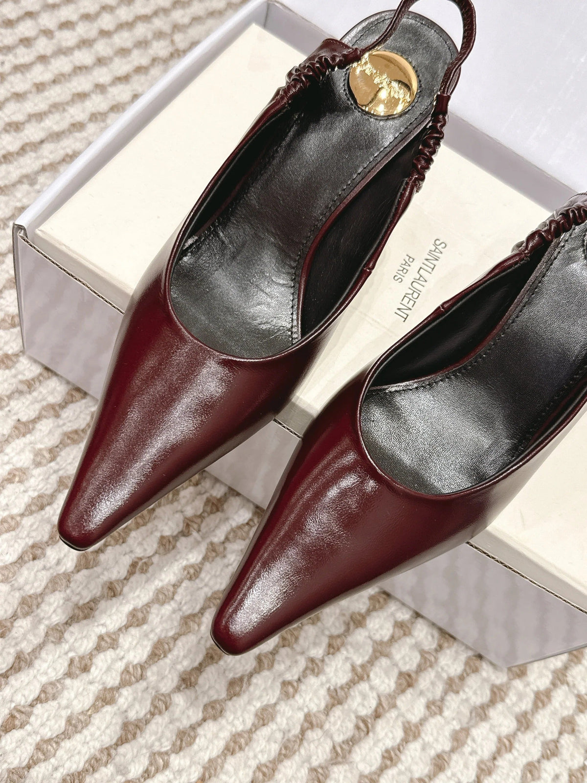 YSL 26ss Slingback 75 Burgundy Glossy Leather 654717