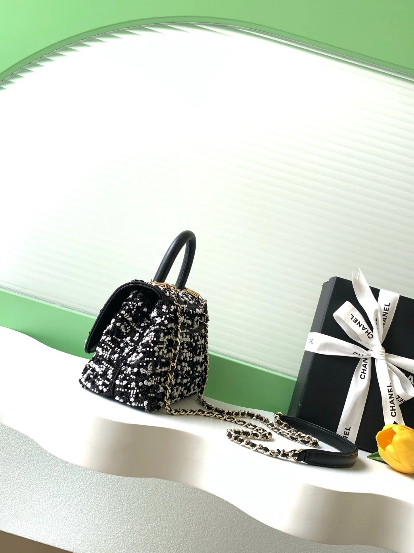 CC 2026 Top Handle Bag 19cm Black White Sequin Leather