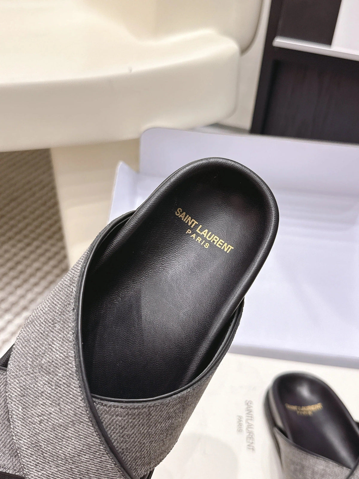 YSL 26ss Platform Slippers Black Gray Denim Leather 663216