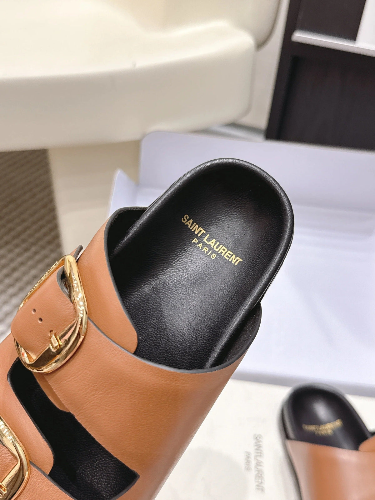 YSL 26ss Platform Slippers Camel Brown Black Sheepskin Gold Buckle 663206
