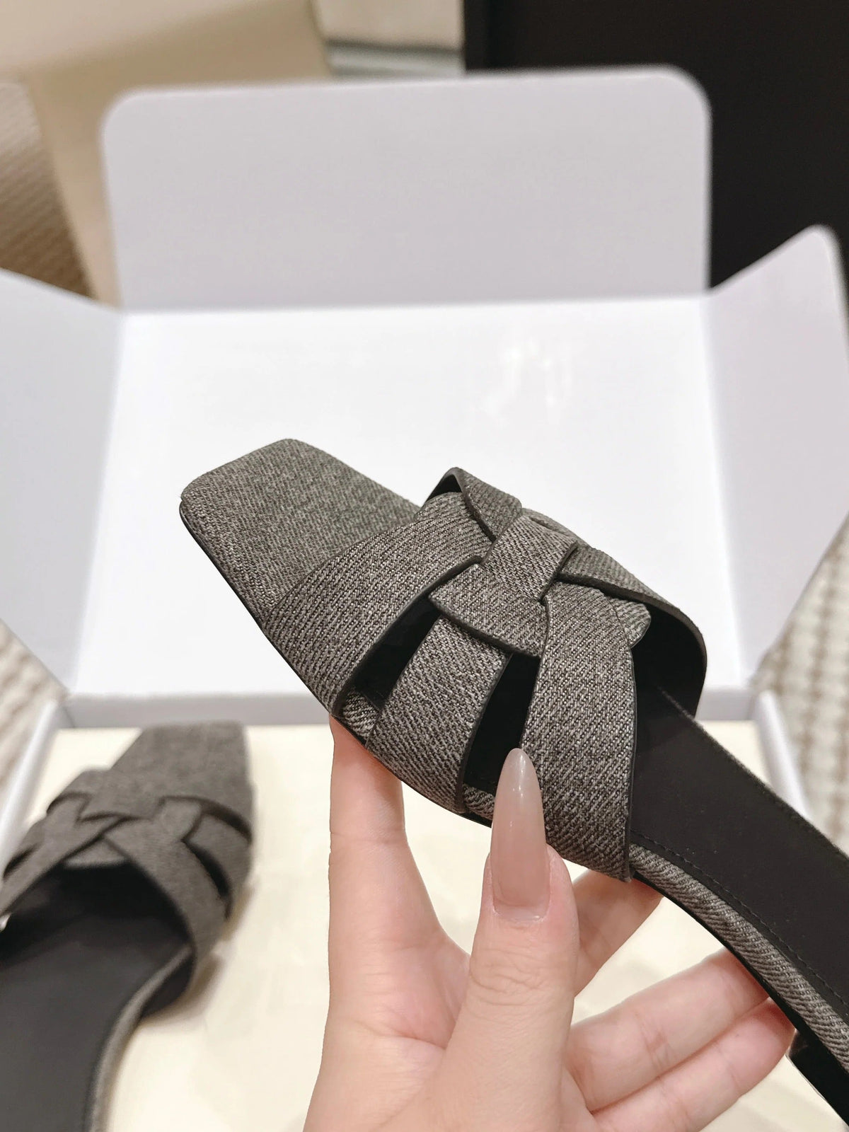 YSL 26ss Flat Slippers Dark Gray Denim Leather 654728