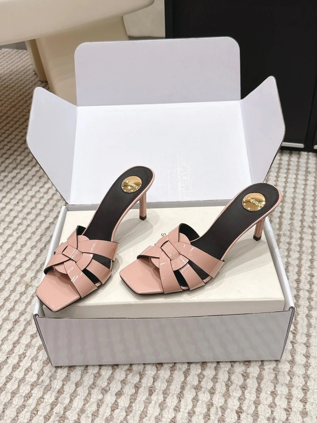 YSL 26ss High-Heeled Slippers 75 Patent Leather