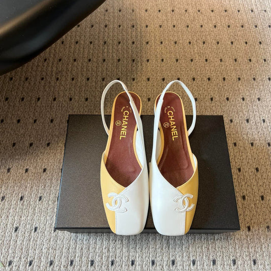 Chanel 26SS Color-Blocked Slingback Yellow White in Lambskin 708084
