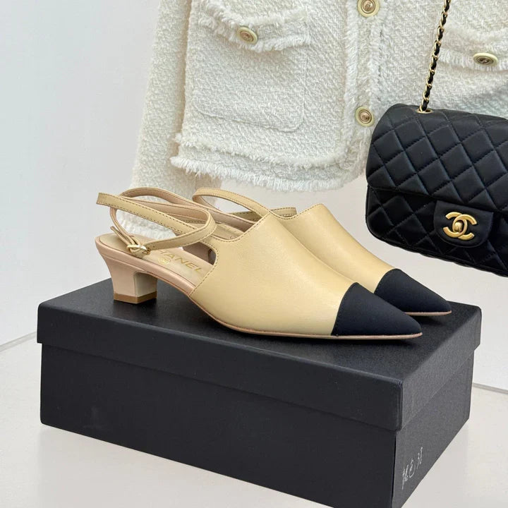 CC Pointed Toe Kitten Heel 30 Open Back Sandals Beige in Cowhide 706383