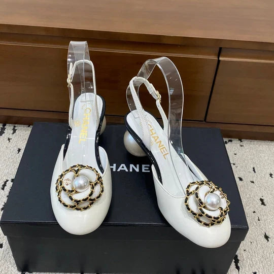 Chanel 26 Round Toe Pearl Heel 50 Shoes White in Cowhide 729341