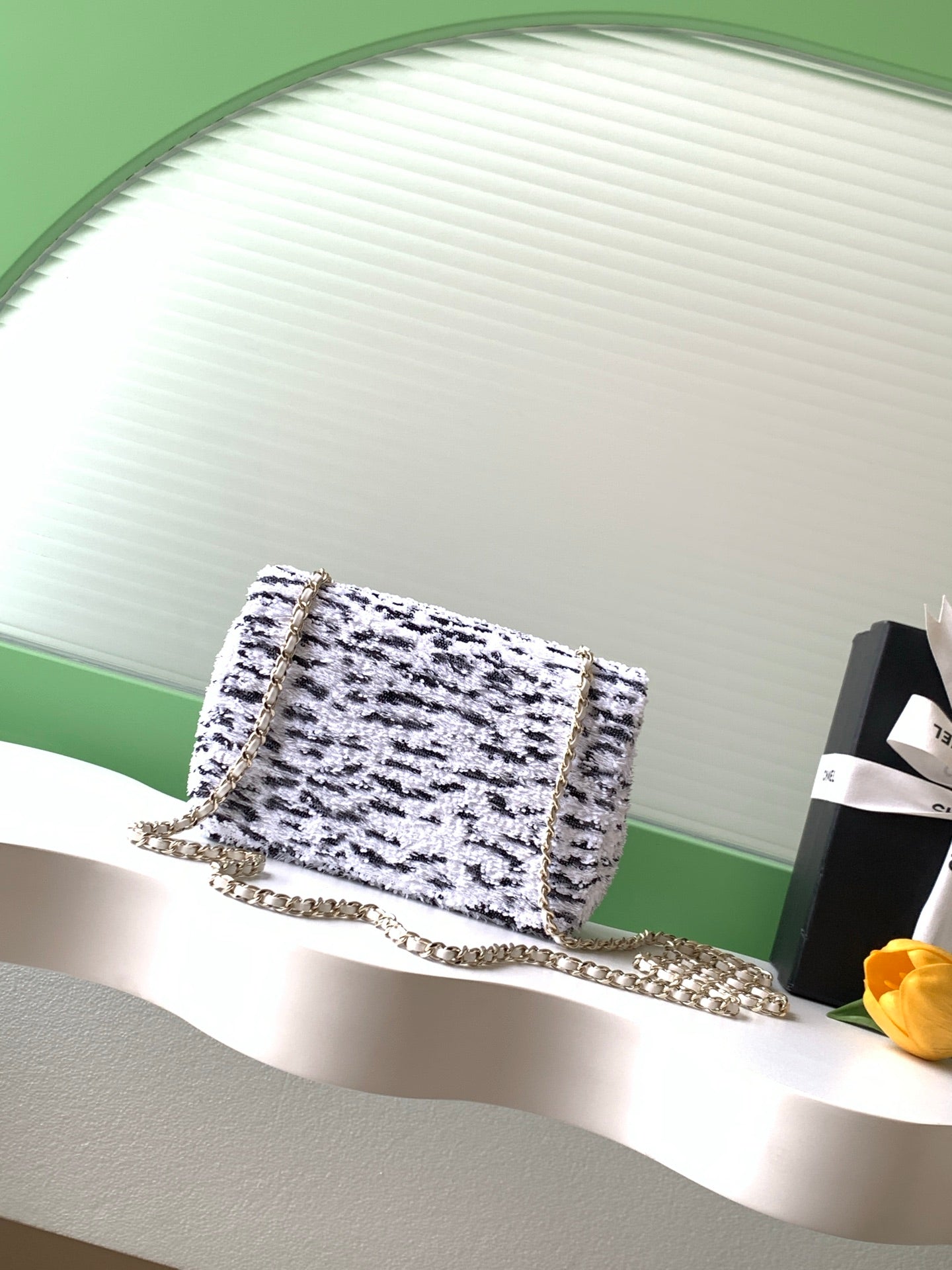 CC Flap Bag 21cm Black White Sequin Gold Hardware 157767