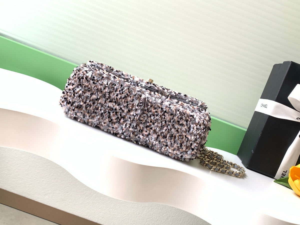 CC Flap Bag 21cm Pink Silver Sequin Gold Hardware 157765