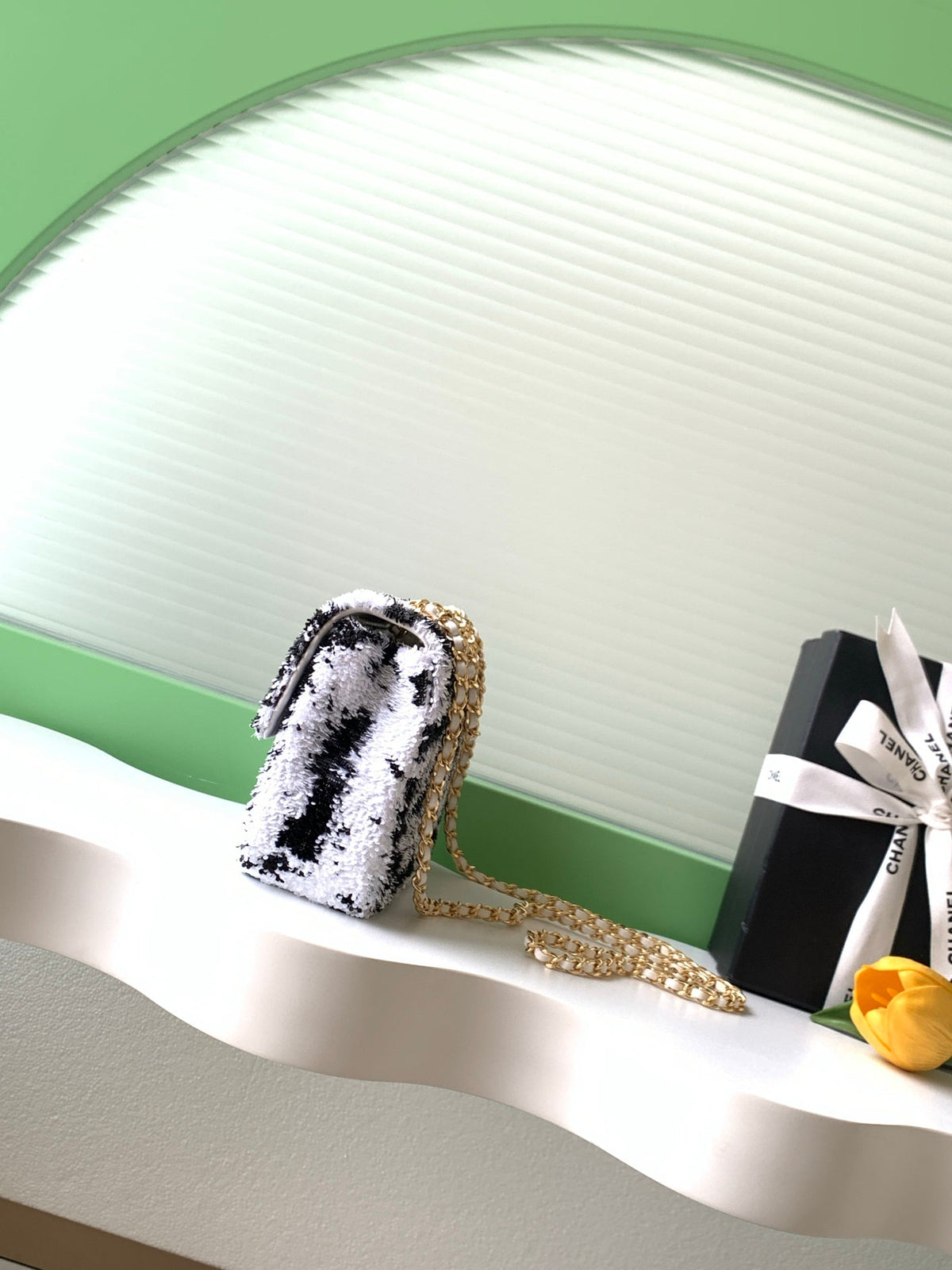 CC Flap Bag 21cm White Black Sequin Gold Hardware 157764