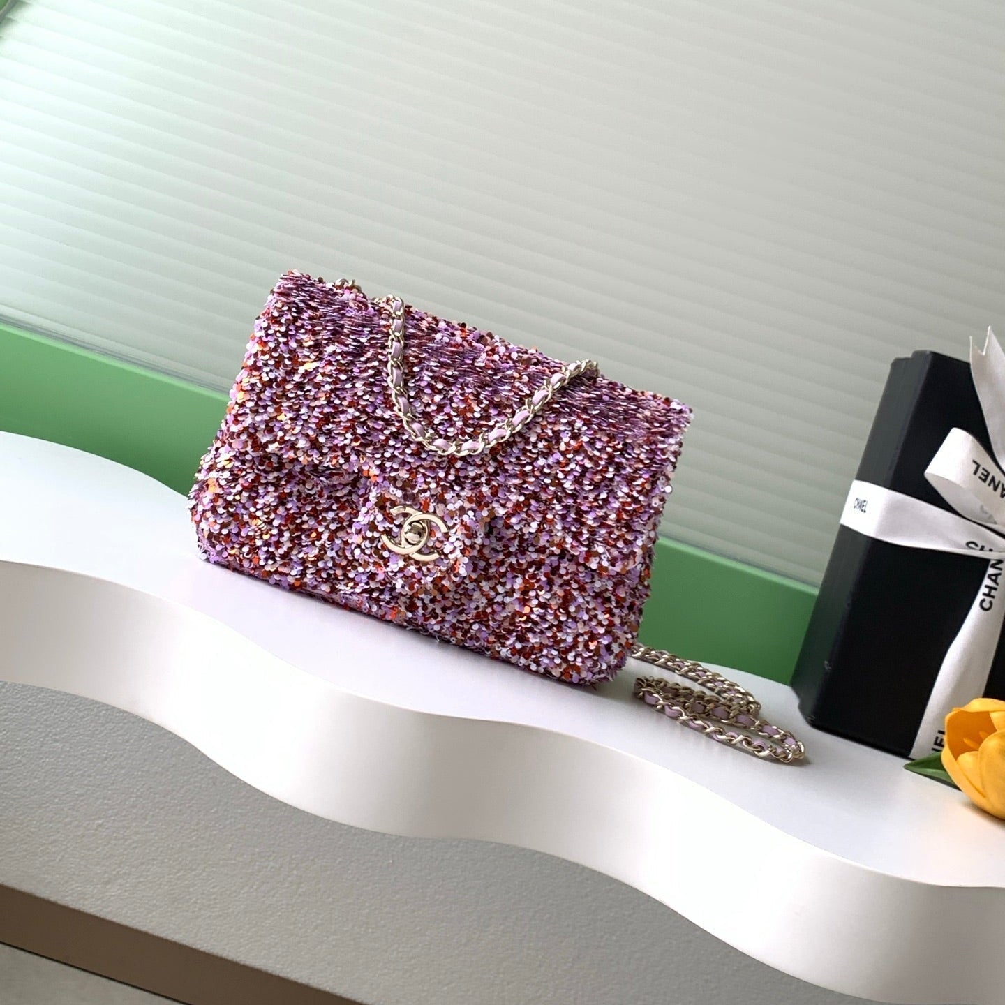 CC Flap Bag 21cm Rose Pink Sequin Gold Hardware 157763