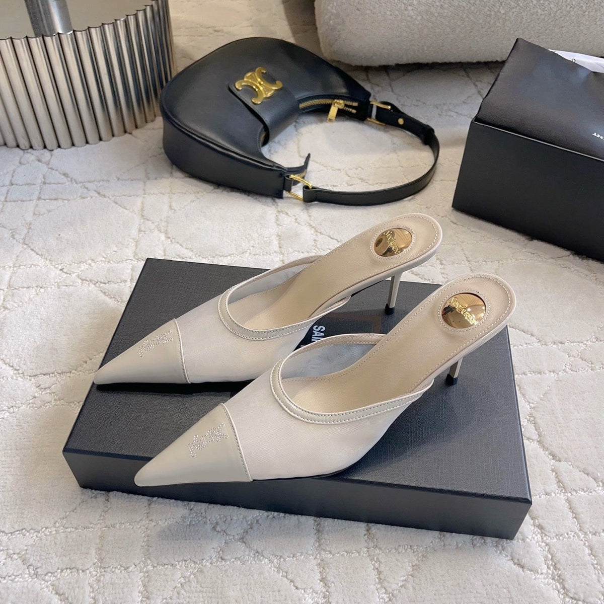 YSL Pointed-Toe Mesh Mule 75mm Ivory Cowhide & Mesh 851895