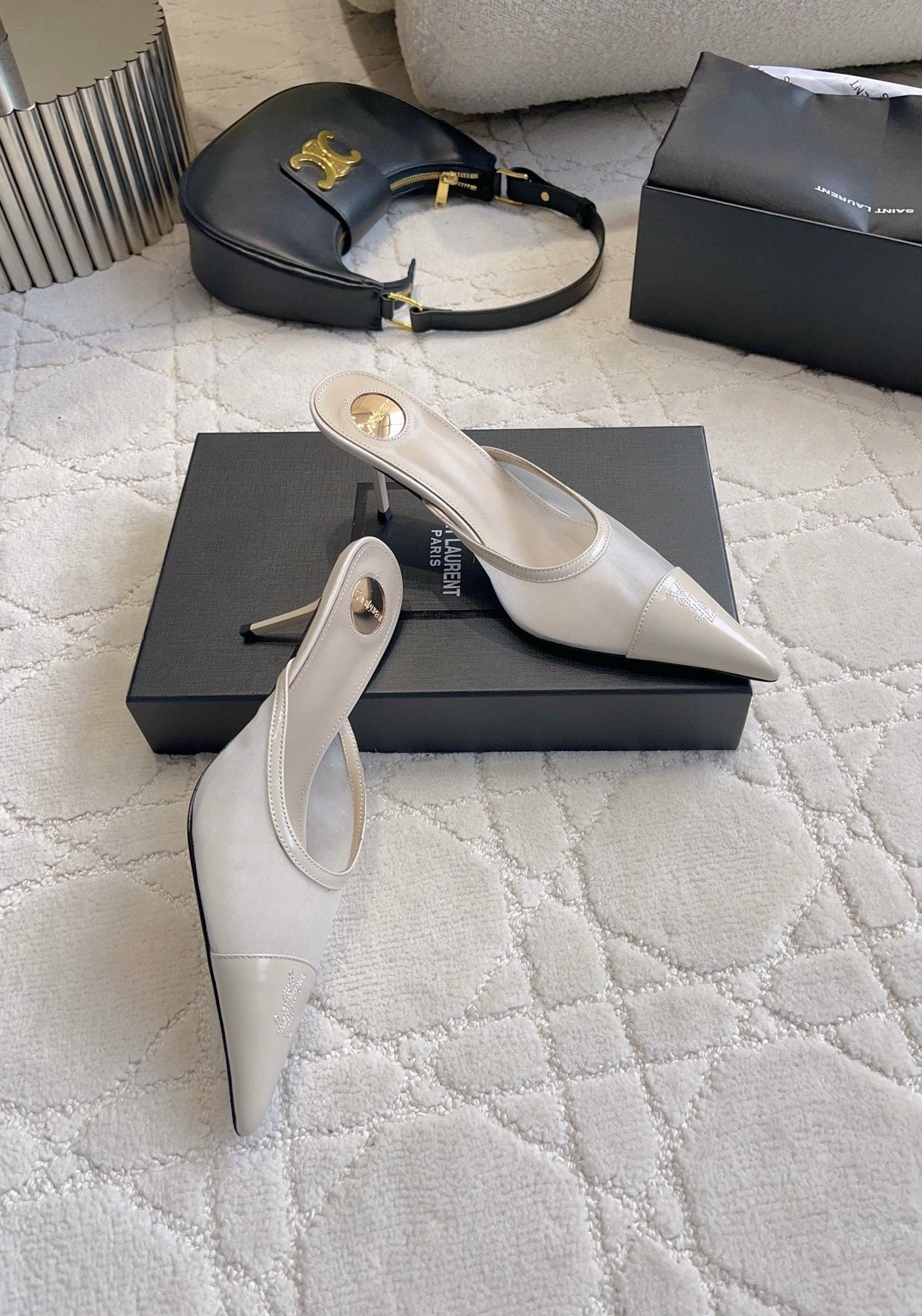 YSL Pointed-Toe Mesh Mule 75mm Ivory Cowhide & Mesh 851895