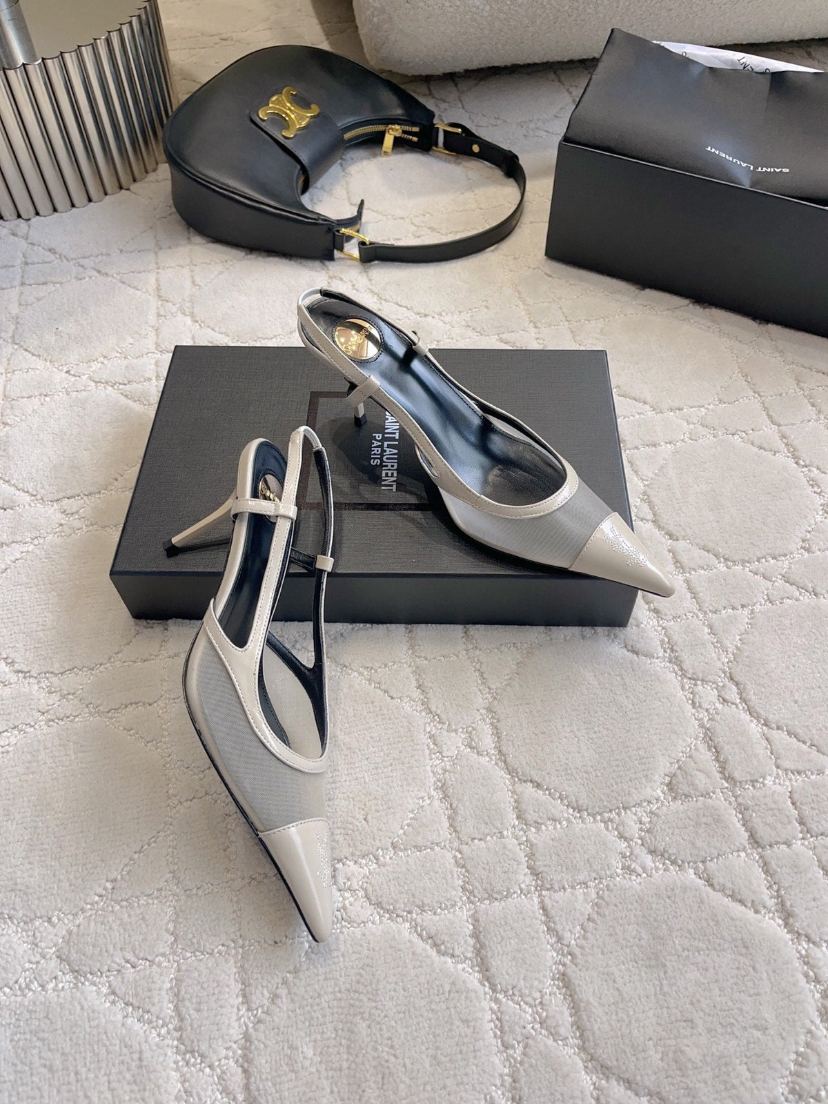 YSL Pointed-Toe Mesh Pumps 75mm Silver Grey Cowhide & Mesh 851894