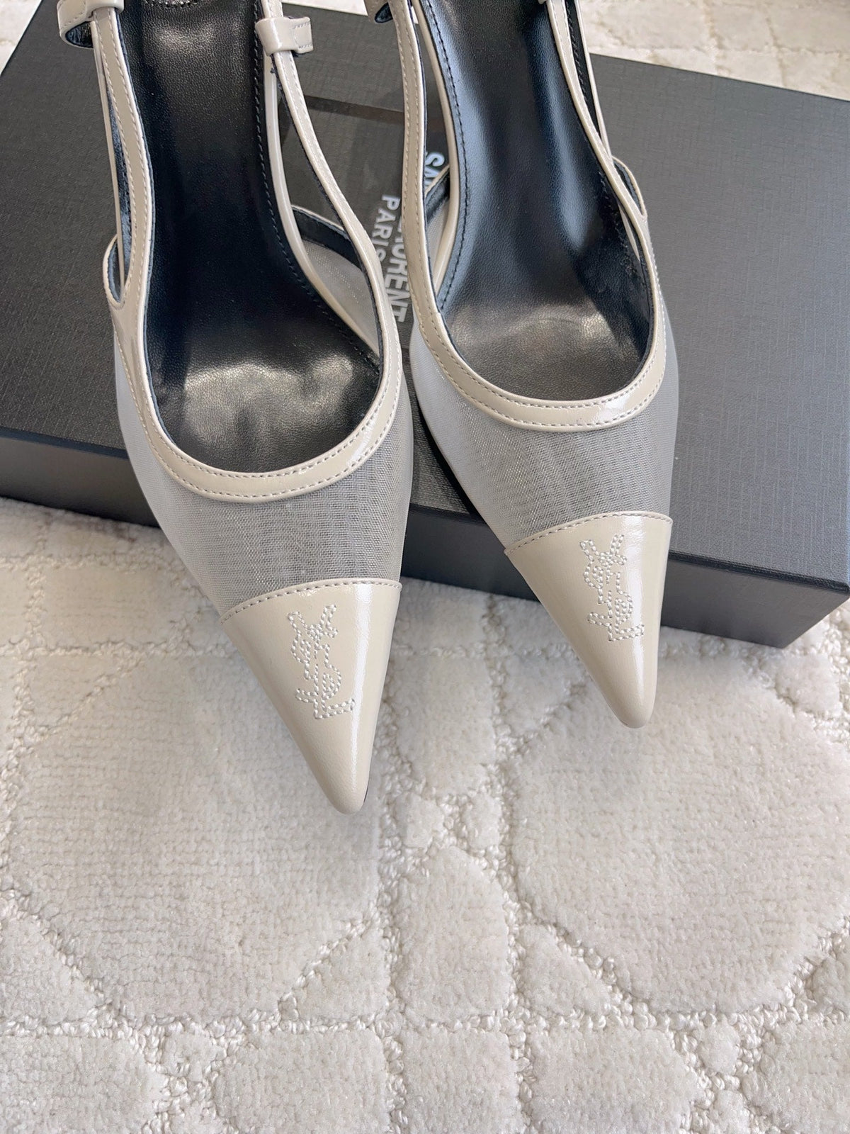 YSL Pointed-Toe Mesh Pumps 75mm Silver Grey Cowhide & Mesh 851894