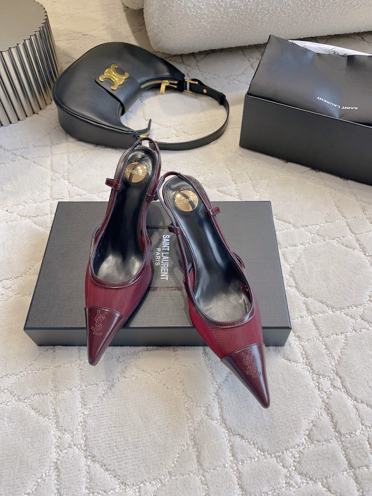 YSL Pointed-Toe Mesh Pumps 75mm Burgundy Cowhide & Mesh 851892