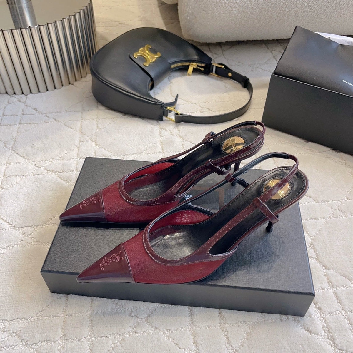 YSL Pointed-Toe Mesh Pumps 75mm Burgundy Cowhide & Mesh 851892
