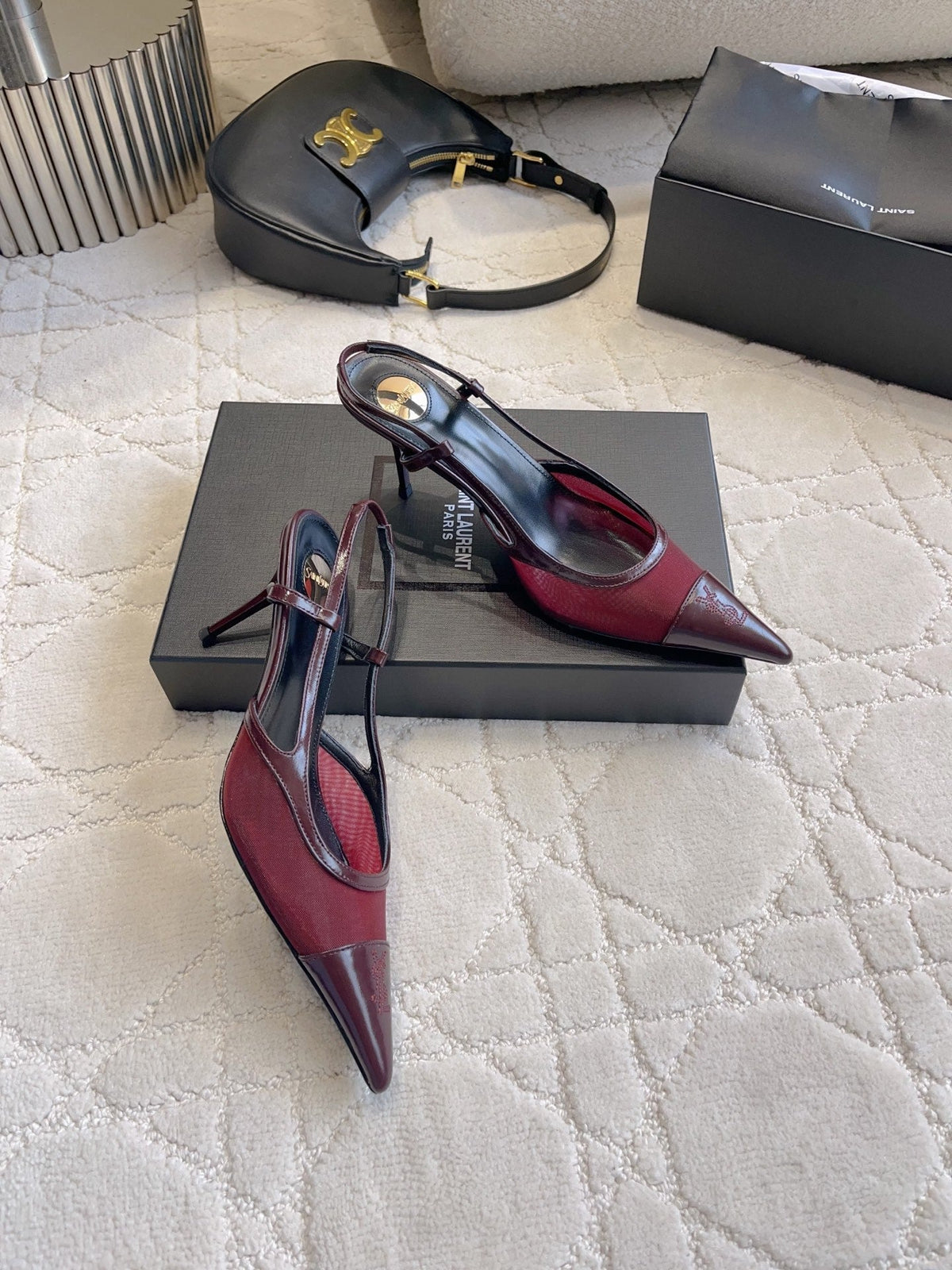 YSL Pointed-Toe Mesh Pumps 75mm Burgundy Cowhide & Mesh 851892
