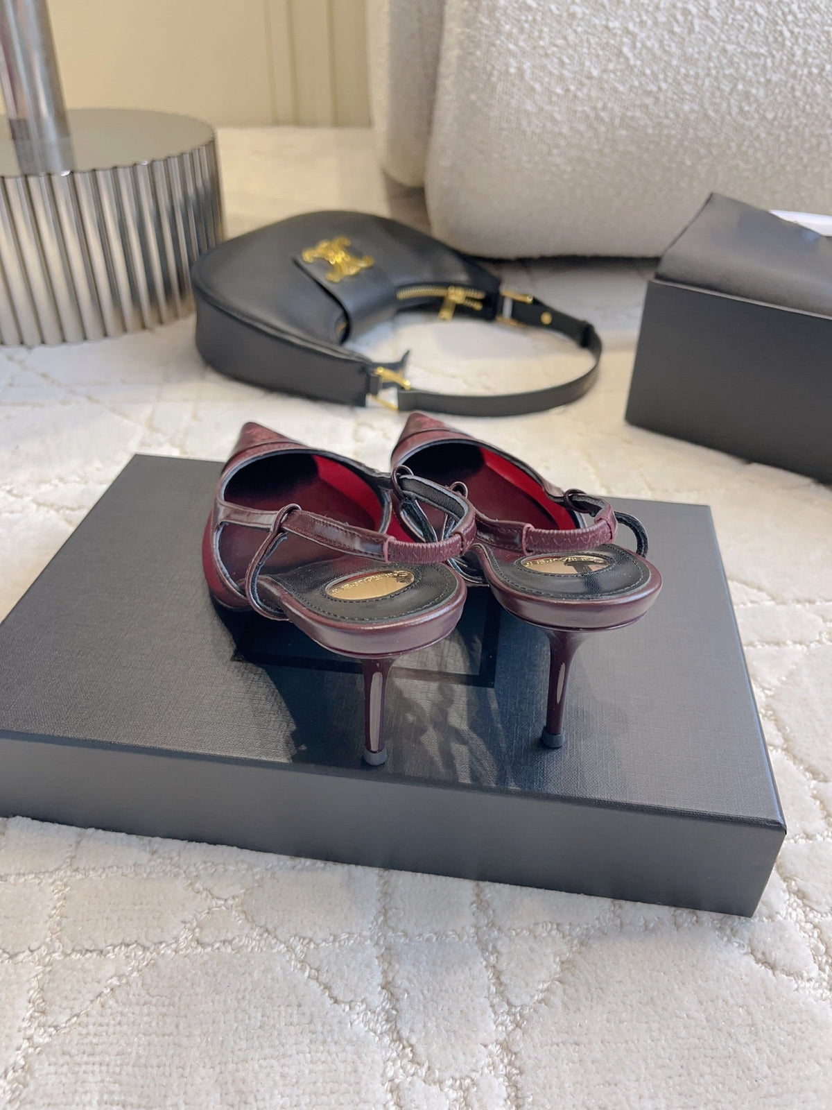 YSL Pointed-Toe Mesh Pumps 75mm Burgundy Cowhide & Mesh 851892