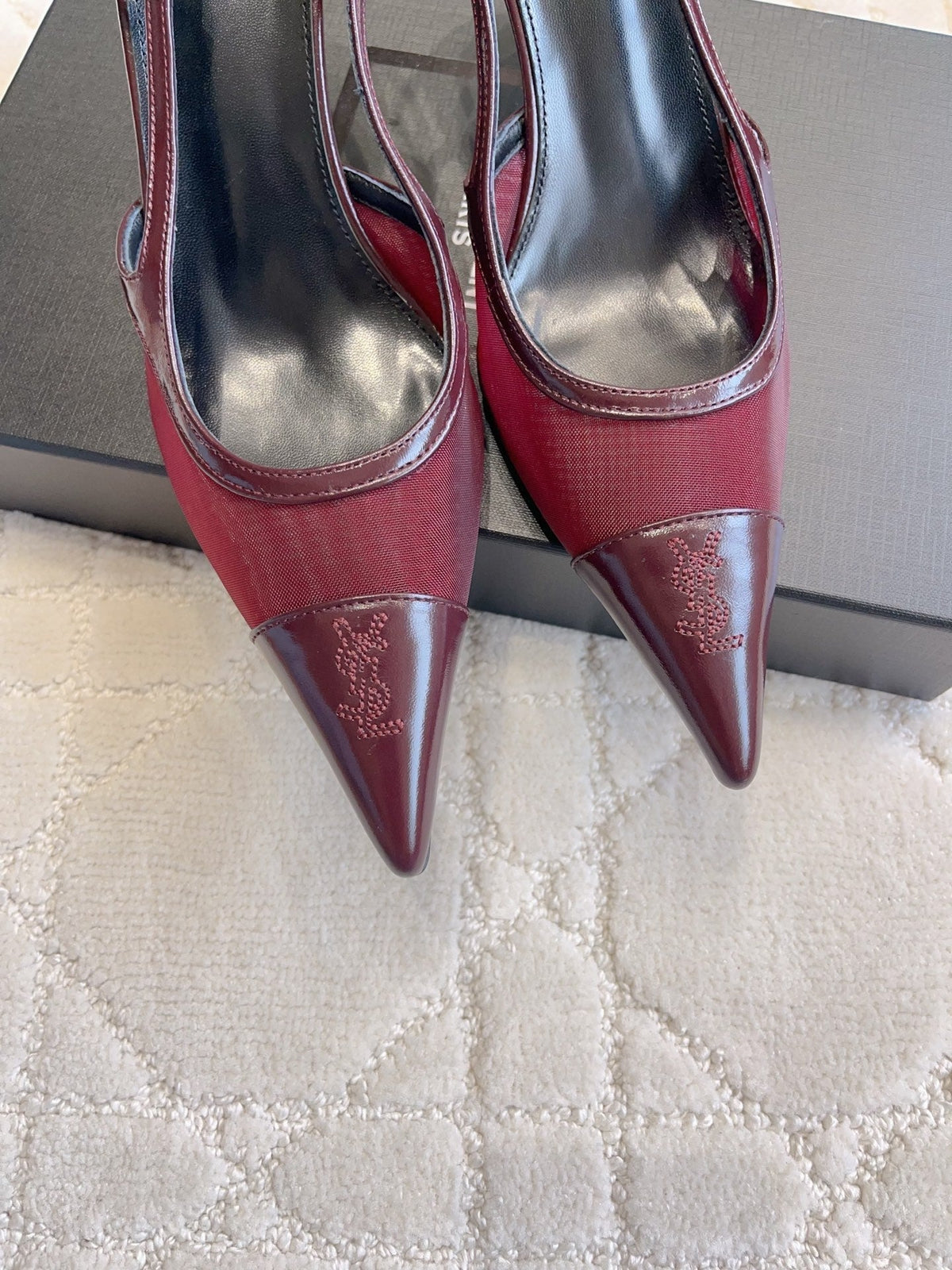 YSL Pointed-Toe Mesh Pumps 75mm Burgundy Cowhide & Mesh 851892